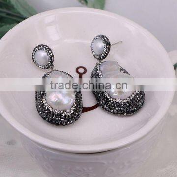 Natural Freshwater Baroque Pearl Earrings, Crystal Pave Mother OF Pearl Druzy Stud Earrings photo-2