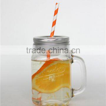 glass mason jar with handle and paper straw, metal lid 480ML