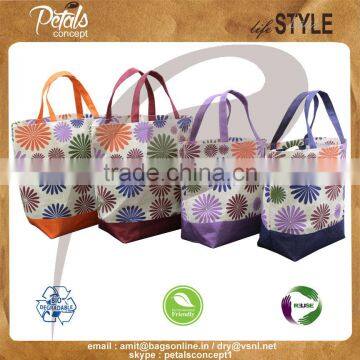 Flora print jute shopping bag with bottom one color fabric jute