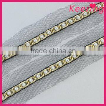 New arrival fashionable pearl line gold metal chain trim for garment WTPE-006