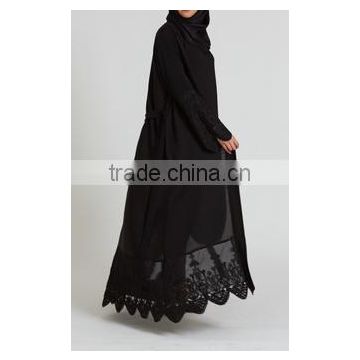 Guangzhou clothing OEM Pop up buttons scallop lace detailing Aana Open Jacket Abaya