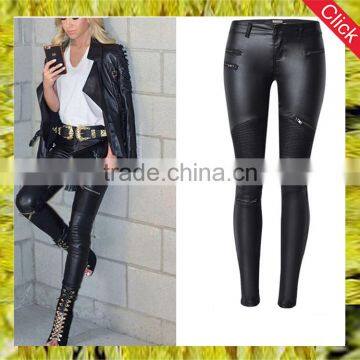 Black low rise women pu leather skinny trousers ladies sexy zipped tight leggings pants