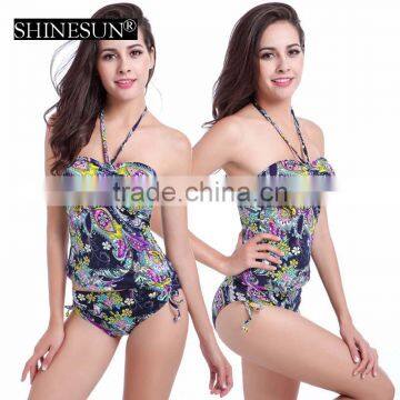2017 Hanging Neck Triangle Split High Waist Cover Belly Swimwear Plus Size Conservative Bikini photo-2