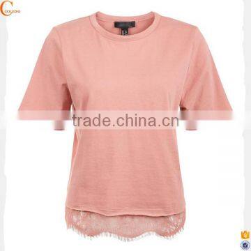 Latest model china t shirt factory blank design tshirt with lace trim hem