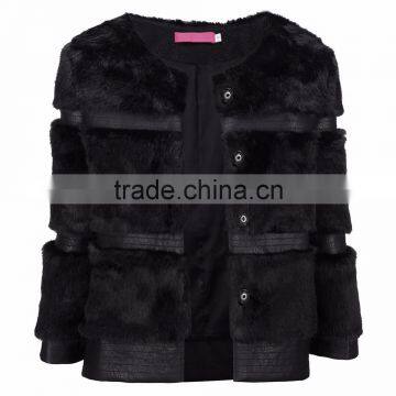 B22625A Ladies Faux Fur PU Leather Stitching Fashion Coat Jacket photo-4