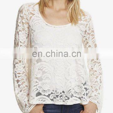 CHEFON Long sleeve sexy sheer floral lace women latest new fashion lace blouse designs