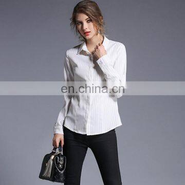 OEM Casual Fashion Women Shirts Long Sleeve White Striped Office Shirt photo-3