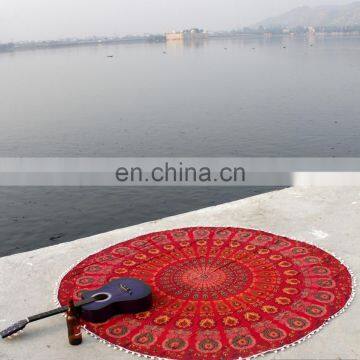 Indian Red Roundie Mandala Tapestry throw Ethnic Bohemian 72" Round Mandala Wall Hanging With pom Pom Lace
