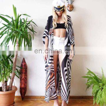 2019 Summer Zebra Stripe Bikini Cover Up Loose Beach Dress Women Pareo Long Chiffon Cardigan Beach Kaftan Robe de Plage