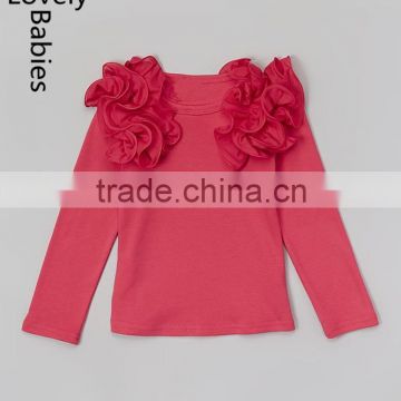 Fashion clothing 2016 for kids hot pink ruffle shoulders tops