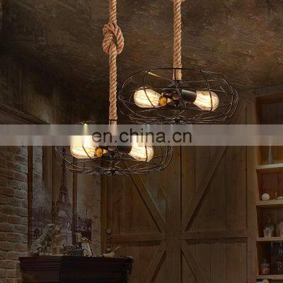 Vintage Hemp Rope Cable Fan Design 3 heads Light Bulb Pendant Lights