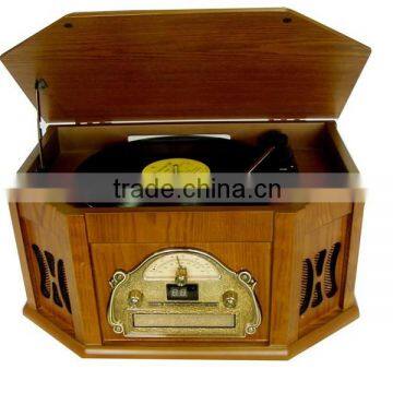 Record Player Retro Vinyl Turntable Real Wood Stereo System, AM/FM Radio, CD, USB for MP3, Vinyl-to-MP3 Recording, Headphone Jac