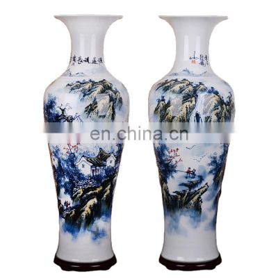 Traditional Chinese  Large Hand Painted Landscape Design Blue And White Porcelain Floor Vases