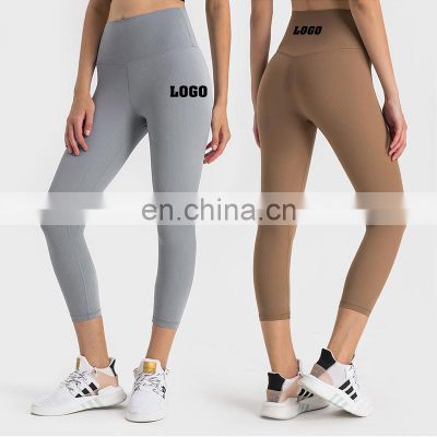 Ready To Ship Ribbed High Waist With Pocket Peach Hip Slim Tight Gym Yoga Capris Women Workout Sports Fitness 3/4 Legging Pants