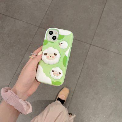 Soft Silicone Phone Case For iPhone 15 pro max 12 13 14 Decompression Green Small Sheep Expansion Bracket Protective Shell