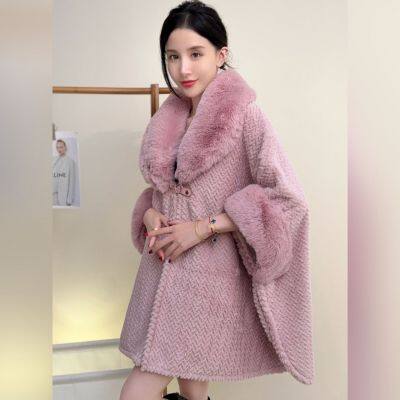 High-end Solid Color Large Fur Collar Shawl Coat Plush Thickened Warm Medium Length Large Size Loose Cape Cardigan photo-2