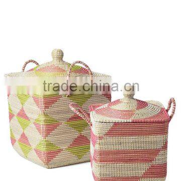 High quality best selling eco-friendly Set of 2 Square Handwoven seagrass basket-pink & natural color from Vietnam