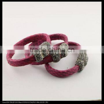 LFD-B0037Plum Color Snakeskin with Rhinestone Paved Gemstone Magnetic Clasp Snakeskin Bangle, Charm Jewelry Cuff Bangle