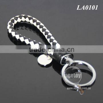 New Arrival Manual Hand Braided Rope Silver Zinc Alloy Metal Tag Braided Leather Cord Black White Leather Straps Weave Keychain photo-5