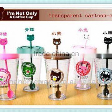 transparent plastic coffee cup with spoon big size cartoon cup