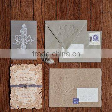 feather wedding invitation with velvet material and embossed & hotfoil words                        
                                                Quality Choice