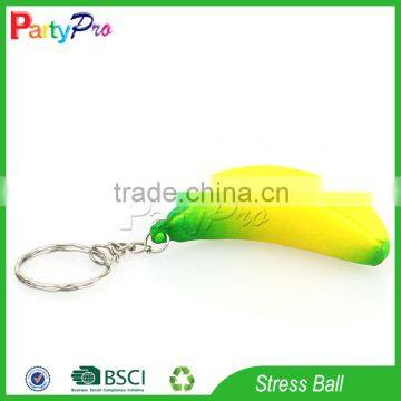 Partypro Best Selling Products Cheap PU Soft Fruit Banana Shape Stress Ball with Keychain