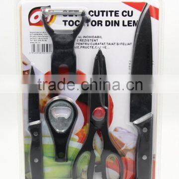 Common Use Kitchen Tools: kitchen knife set with cutting board and bottle-opener