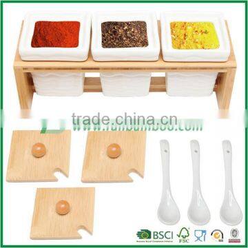Set of 3 White Ceramic Condiment Pots / Spice Serving Jars With Serving Spoons & Bamboo Stand photo-2