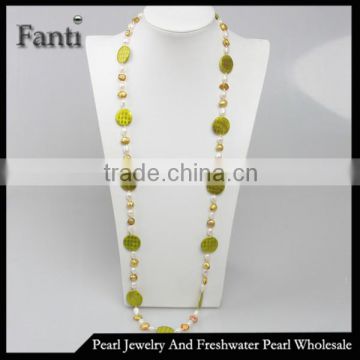 Pearl shell bead long chain sweater necklace with baroque pearl