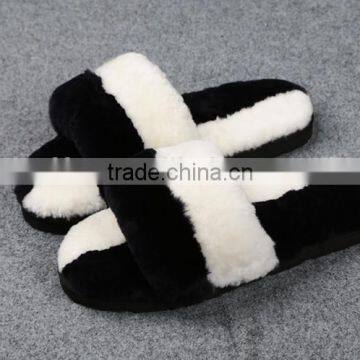 Black and White real shearing rex rabbit fur winter slipper real leather slipper