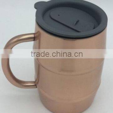 barrel shaped double walled mug with copper plating with lid