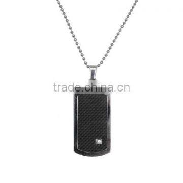 Stainless Steel Pendant- Dog Tag Type Pendant Carbon Fiber Inlay With a Little Gem
