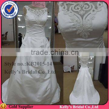 new arrival embroider see-through neck sleeveless satin wedding dress