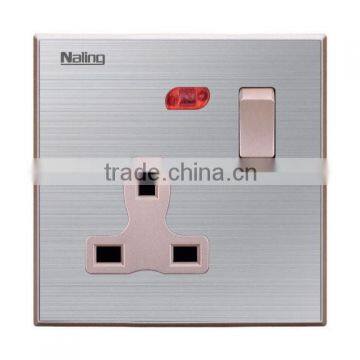 Brushed stainless steel 1 way 13A 3PIN switched socket with neon from factory