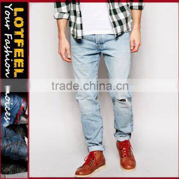 latest jeans spain Distressed denim man jeans pant with Rip Knee (LOTA078)