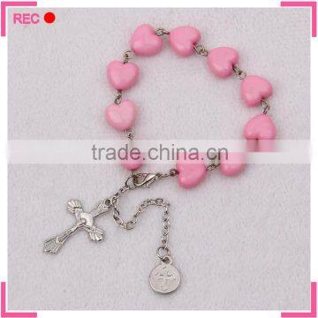 New models bracelets with cross pendant, pink beads christian bracelet