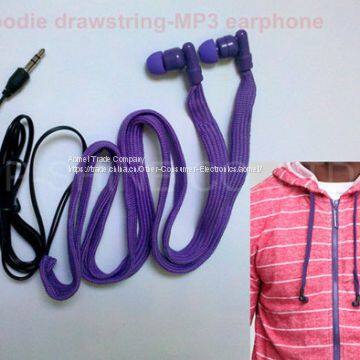 2017 Hot Sell Machine Washable In-ear Earphone Hoodie Drawstring Built-in MP3 Headphone Buds