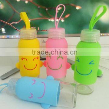 X008 Portable 300ML Glass Bottle Student Bottle With Silicone Sleeve Smile Water Sport Bottle photo-3
