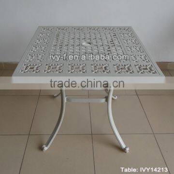 Foshan patio furniture outdoor dia casting aluminum dining table 4 seating square beige white color assembly #14213