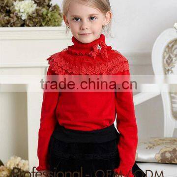 new autumn children sweater girls red color turtleneck lace sweater design