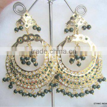 Green beads Gold plated Jadau pearl temple dangler EARRINGS