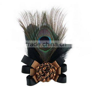 Vintage Peacock Feather Hairpin Accessory Dual Handmade Fabric Rose Pin Corsage Brooch for Women photo-3