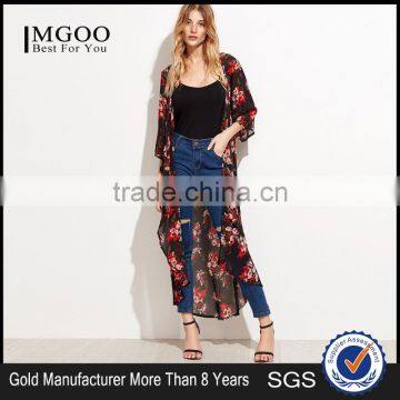 Custom Flower Print Women Soft Comfortable Beachwear Outwear Black Floral Longline Chiffon Kimono