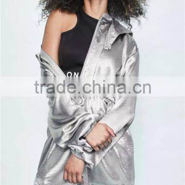 MGOO New Arrival Custom Zip Up Silver Jackets Satin Blazers Stretch Waist Fashion Streetwear Jackets photo-2