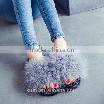 2017 Sweet Candy Color Summer Women Real Natural Feather Turkey Fur Fuzzy Slippers Slides Mules Women Open Shoes Fslipper-6 photo-5