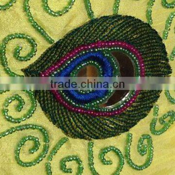 Yellow Pillow Cover With Peacock Feathers,Thread-Work Toss, Decorative Pillow Cover, Couch Bed Pillow