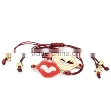 Lip Dark Red Enamel Red Gold Plated Beads Wax Rope Copper Braiding Adjustable Macrame Knots Bracelets