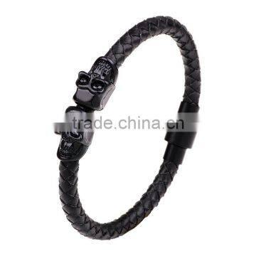 Hot Selling Leather Men Skull Bracelet Magnetic Buckle Twin Skeleton Charm Bracelet photo-5