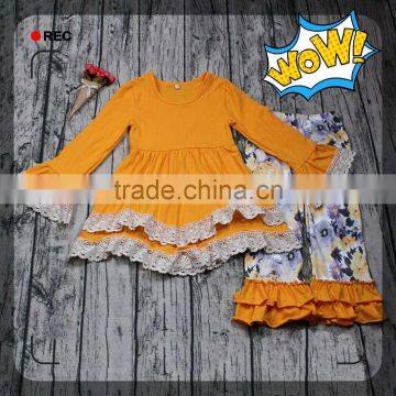 Gorgerous Fall/winter solid yellow gold dress cotton lace design&printing ruffle pant adorable girls clothing wholesale