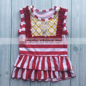 Bulk wholesale girls ruffle shirts red stripes stylish formal shirts for girls bib shirts little girls sleeveless top